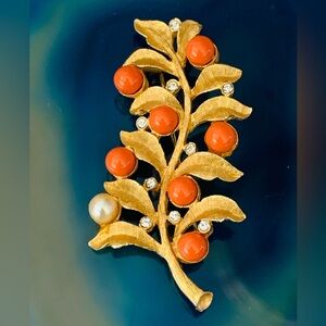 Kramer Gold Leaf Brooch with Rhinestone and Orange Accents